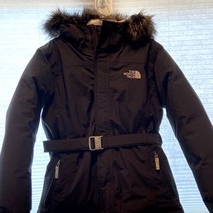 The North Face girls black down filled belted parka